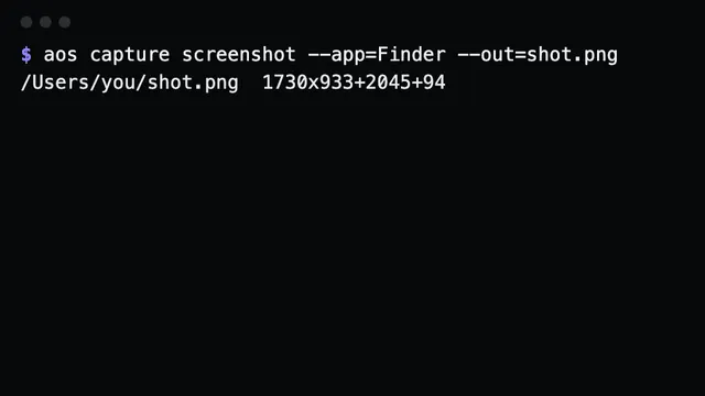 Screenshots: aos capture screenshot window --app=Safari