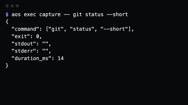 Shell & packages: aos exec capture -- git status