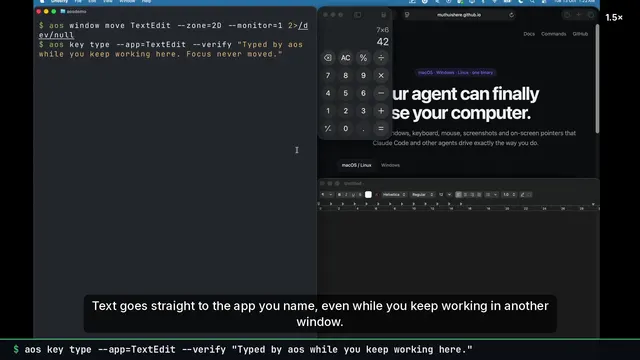 Focus-free input: aos key type --app=TextEdit --verify "hello"