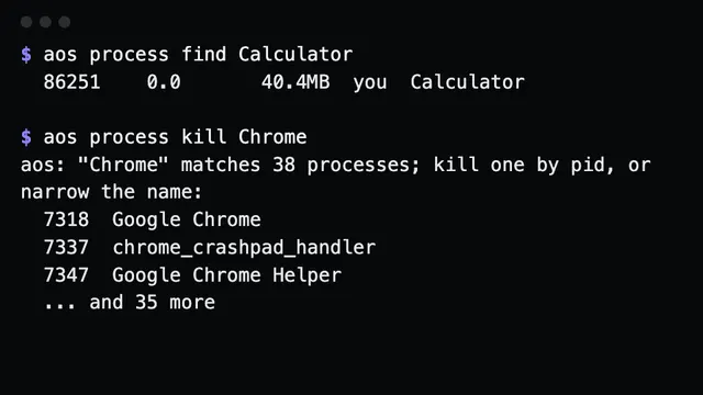 process find with one match, and kill refusing an ambiguous name