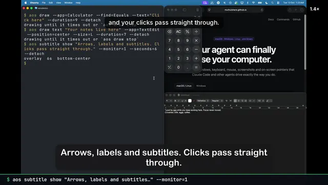 A subtitle at the bottom of the screen while a label sits in the TextEdit window