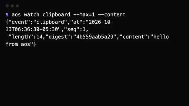 One JSON line for the next clipboard change, with the text included
